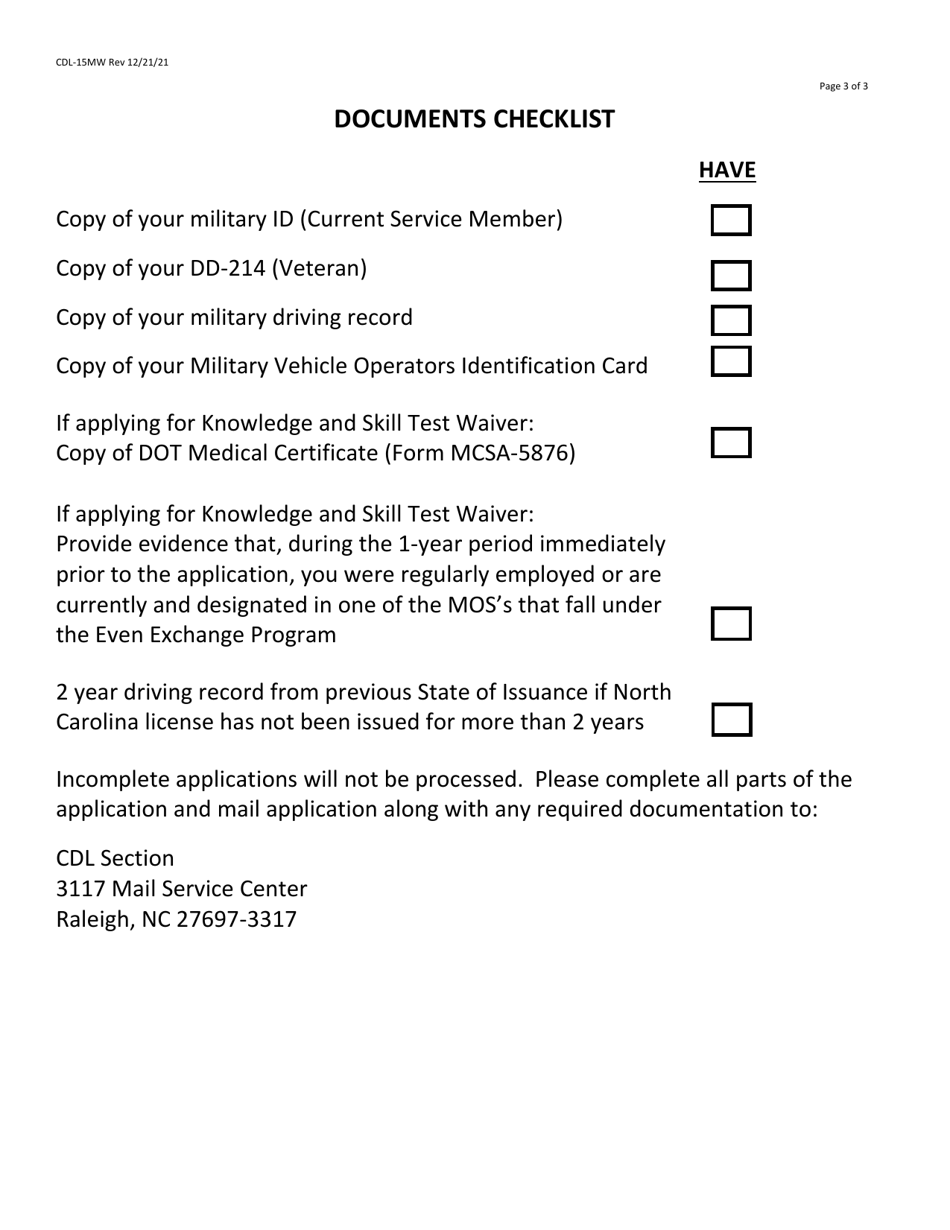 Form CDL-15MW North Carolina Cdl Test Waiver / Even Exchange Military Application - North Carolina, Page 3