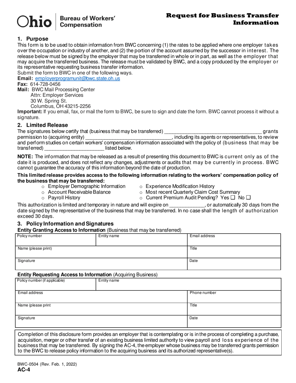 Form AC-4 (BWC-0504) Request for Business Transfer Information - Ohio, Page 1
