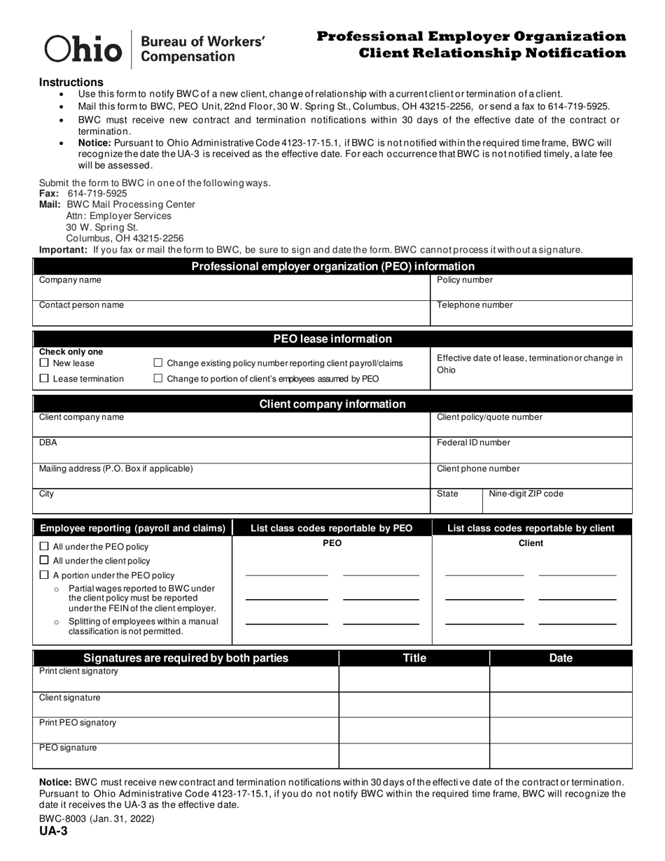 Form UA-3 (BWC-8003) Professional Employer Organization Client Relationship Notification - Ohio, Page 1