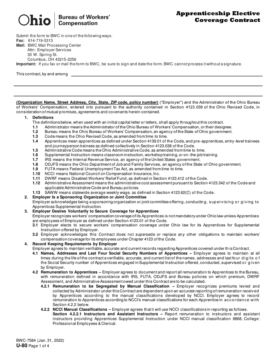 Form U-80 (BWC-7584) Apprenticeship Elective Coverage Contract - Ohio, Page 1