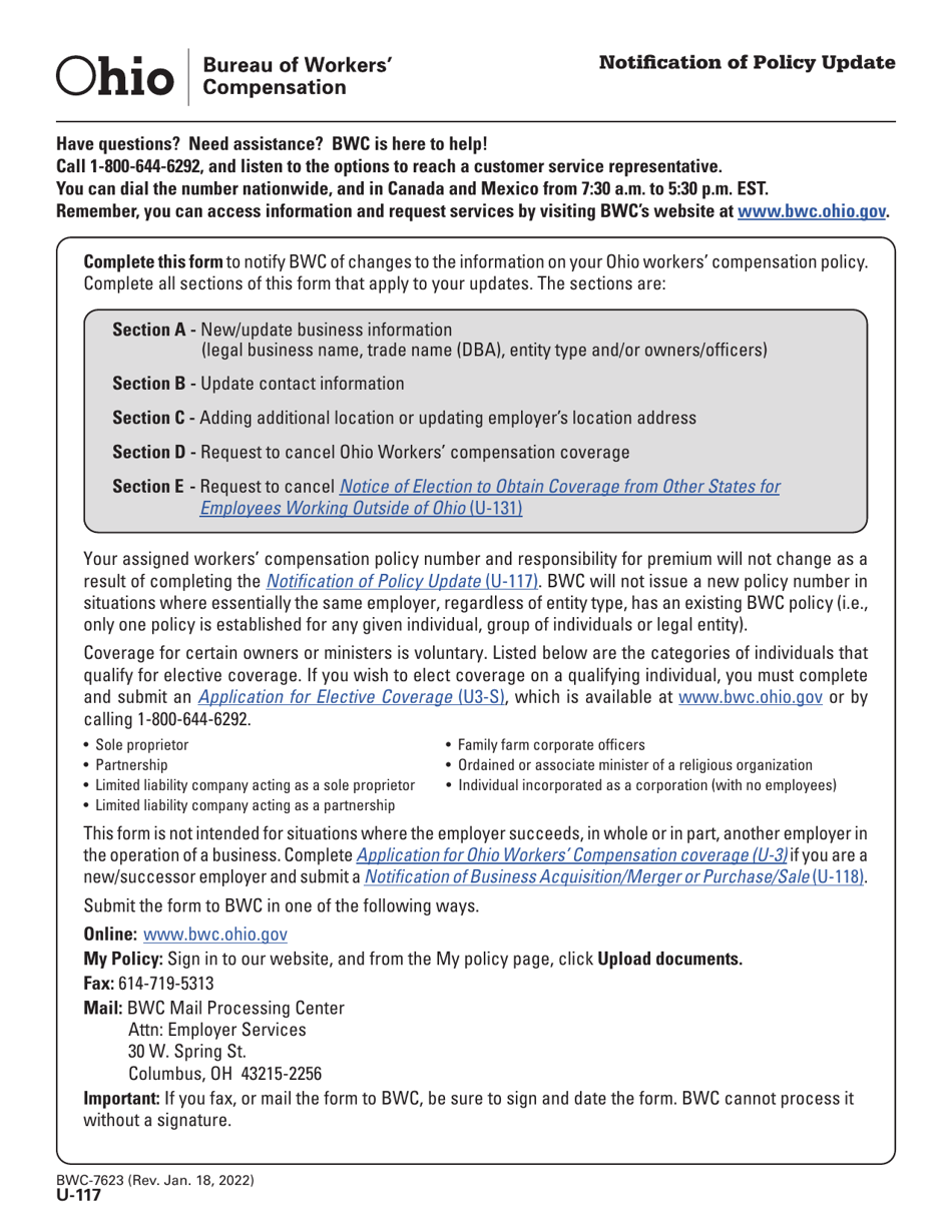 Form U-117 (BWC-7623) Notification of Policy Update - Ohio, Page 1