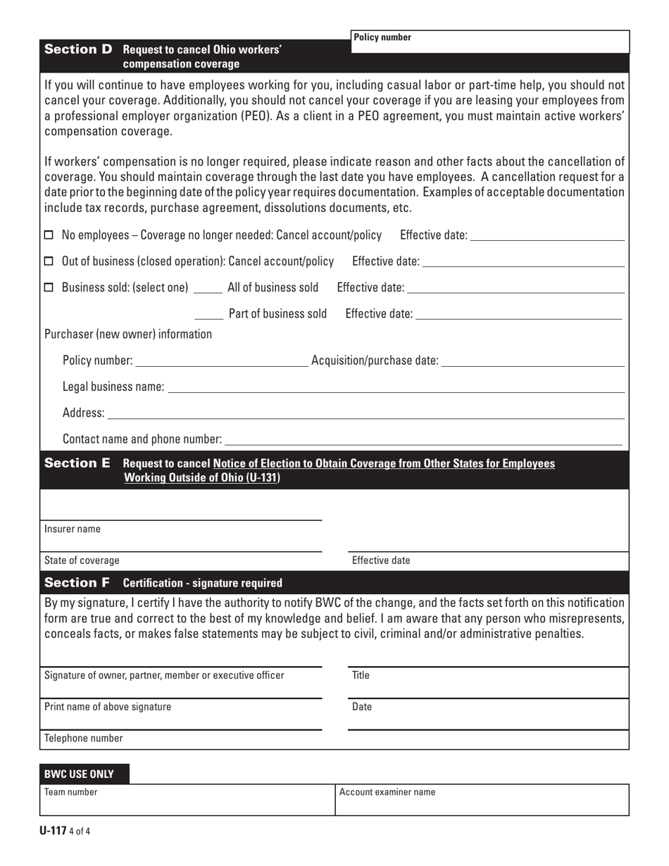 Form U-117 (bwc-7623) Download Printable Pdf Or Fill Online 