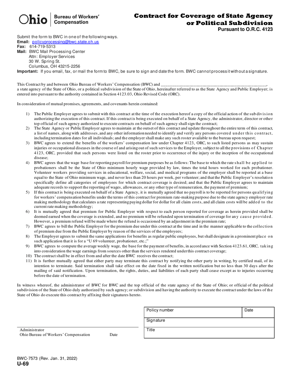 Form U-69 (BWC-7573) Contract for Coverage of State Agency or Political Subdivision - Ohio, Page 1