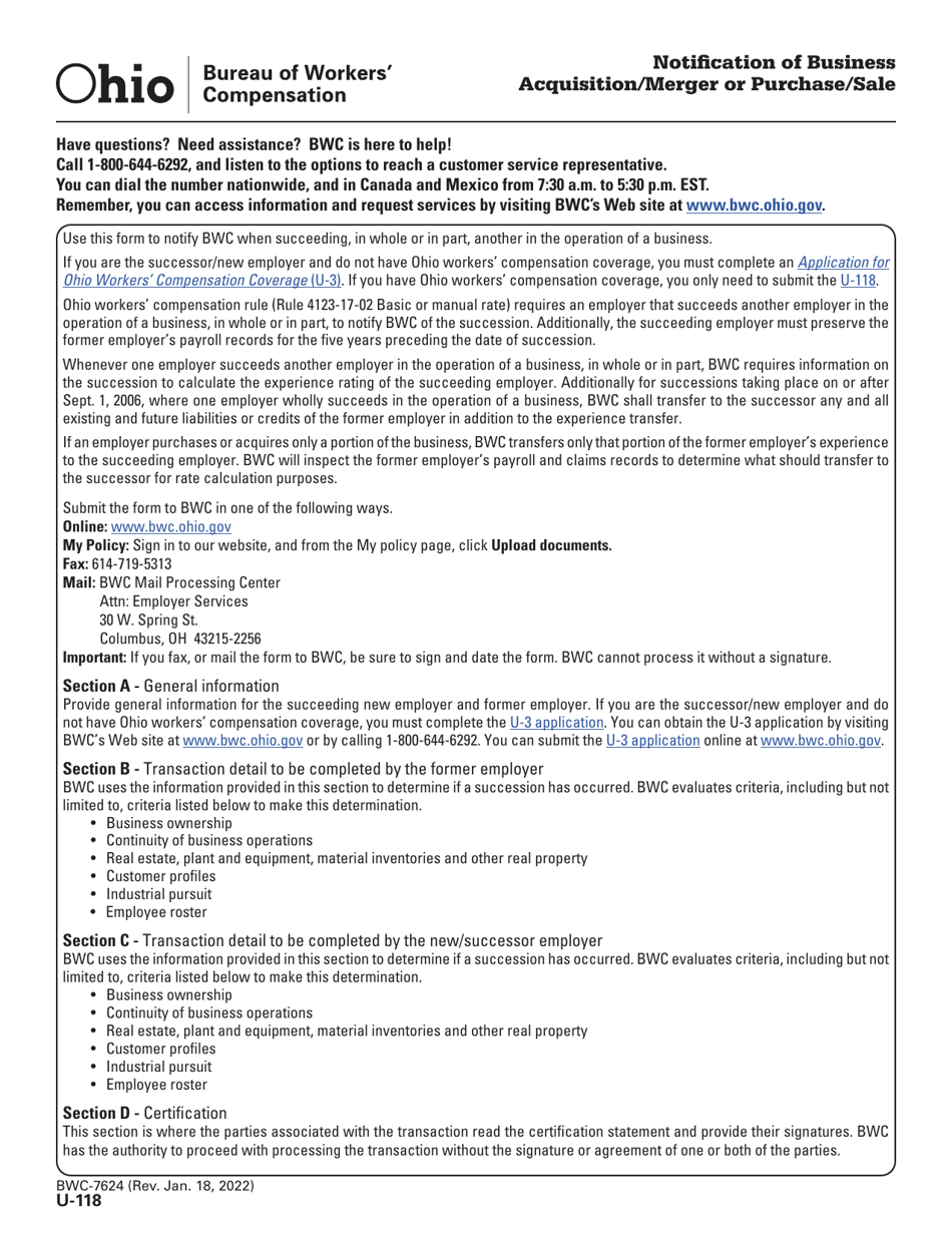 Form U-118 (BWC-7624) Notification of Business Acquisition / Merger or Purchase / Sale - Ohio, Page 1