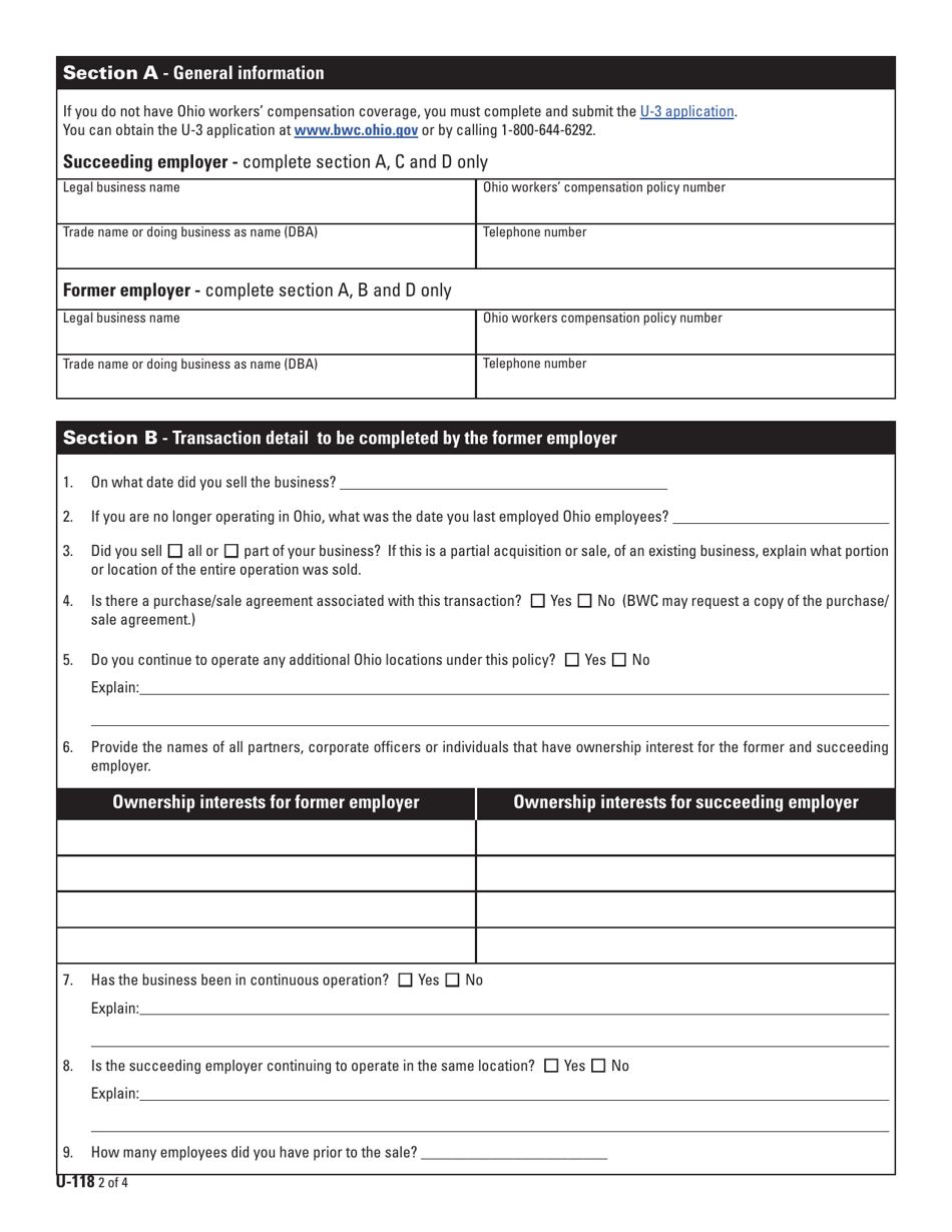 Form U-118 (BWC-7624) Notification of Business Acquisition / Merger or Purchase / Sale - Ohio, Page 2