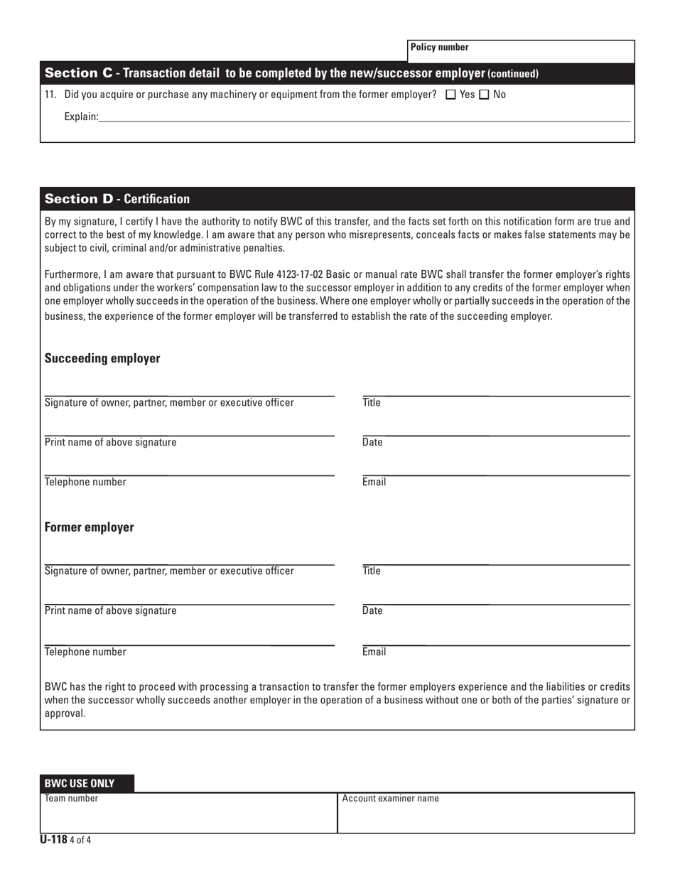 Form U-118 (BWC-7624) Notification of Business Acquisition / Merger or Purchase / Sale - Ohio, Page 4