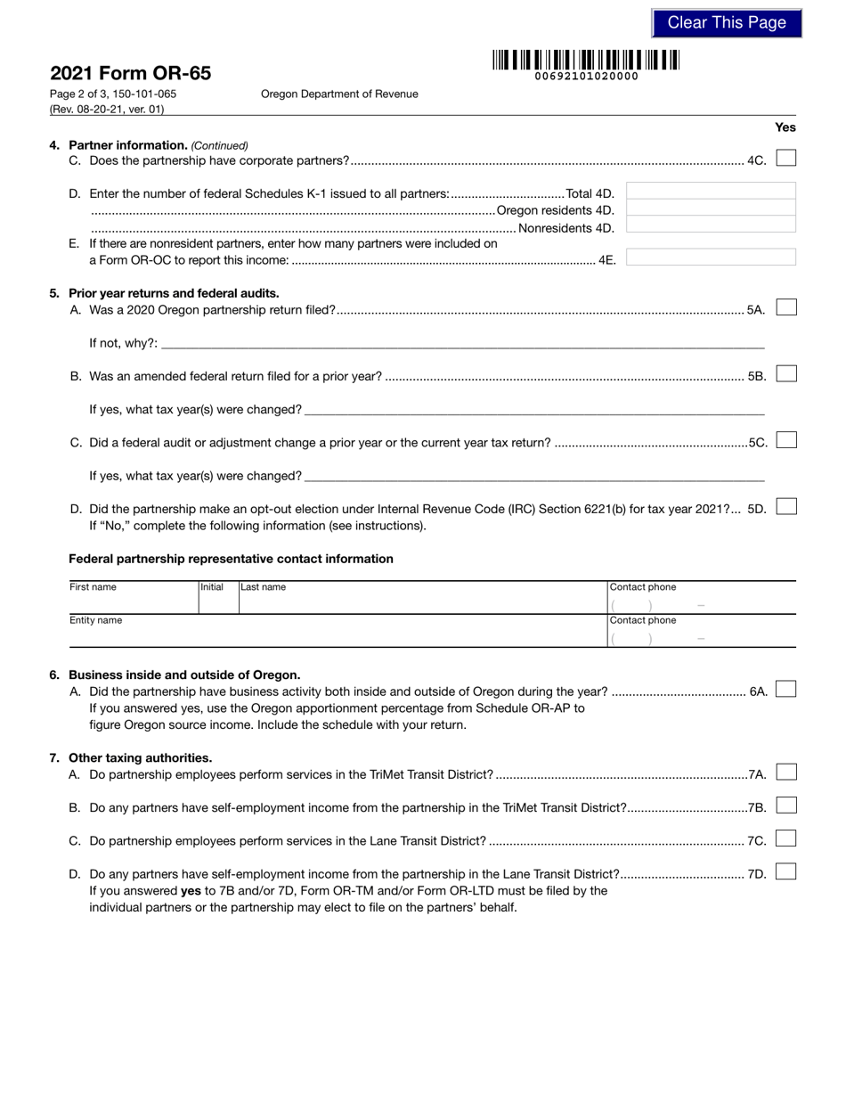 Form OR-65 (150-101-065) Oregon Partnership Return of Income - Oregon, Page 2