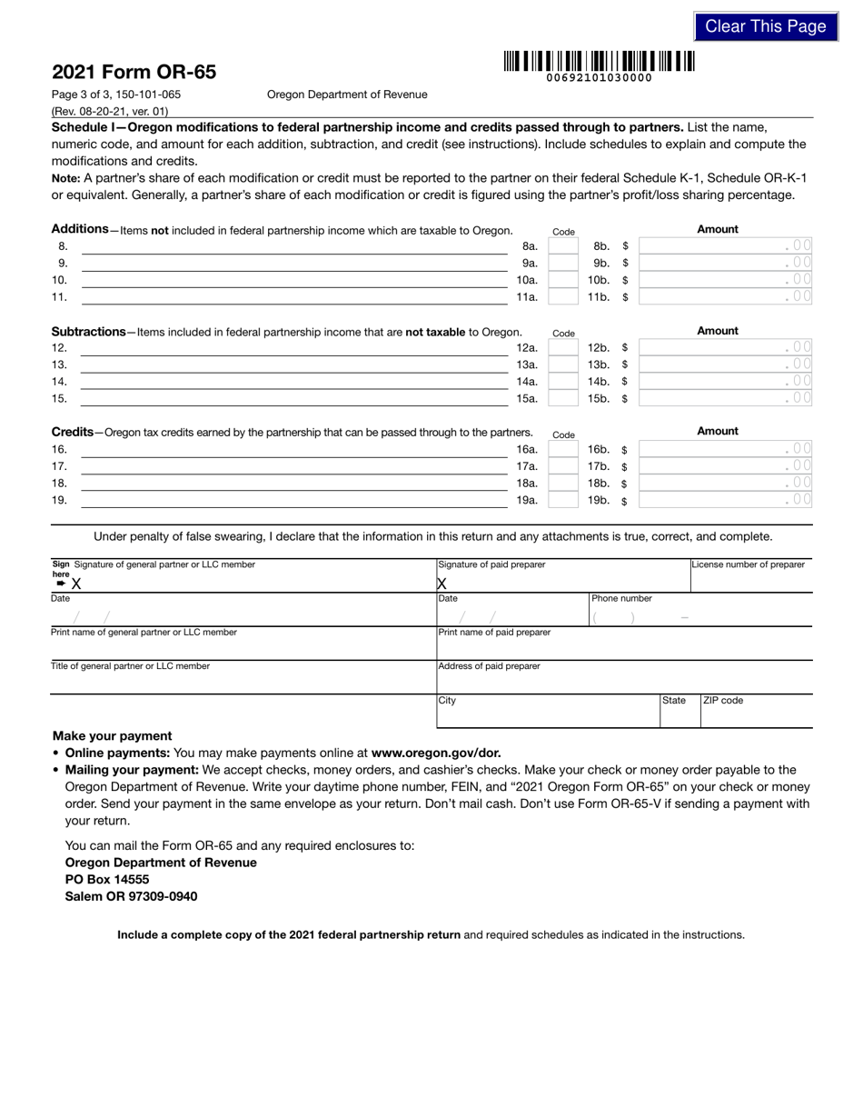 Form OR-65 (150-101-065) Oregon Partnership Return of Income - Oregon, Page 3