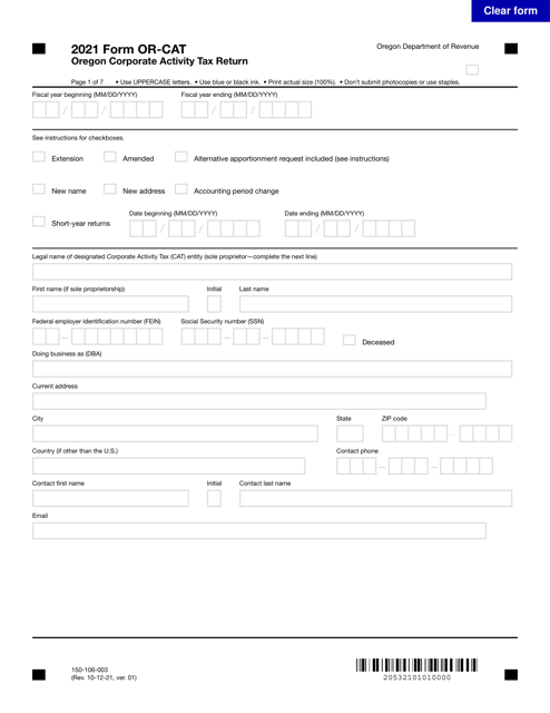 Form OR-CAT (105-106-003) Oregon Corporate Activity Tax Return - Oregon, 2021