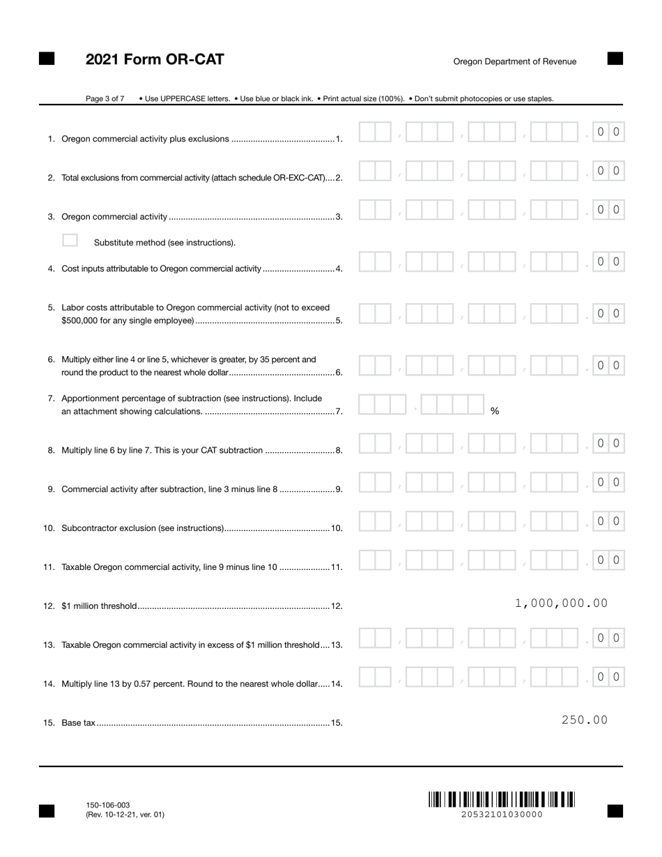 Form OR-CAT (105-106-003) Oregon Corporate Activity Tax Return - Oregon, Page 3