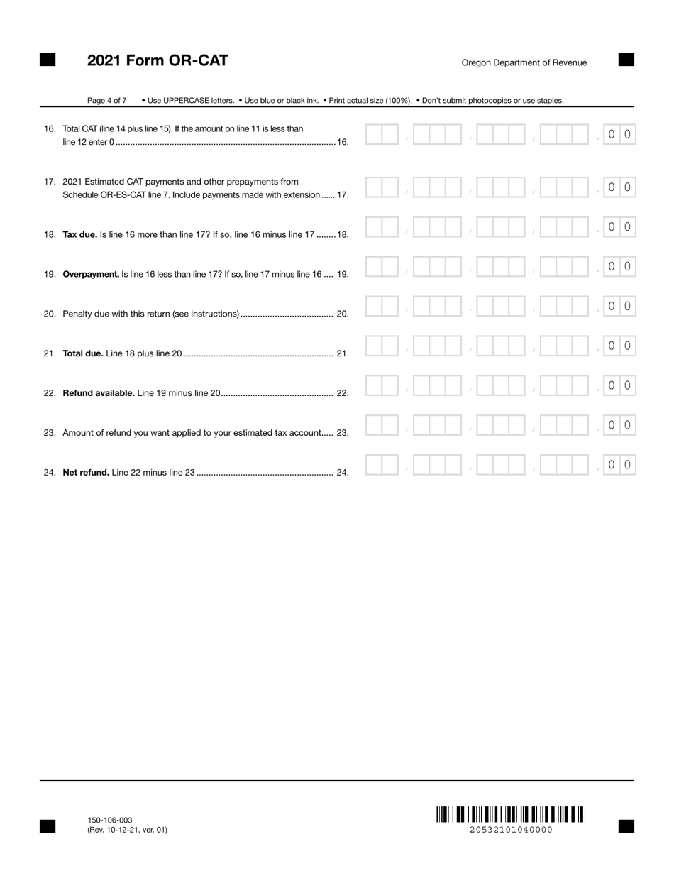 Form OR-CAT (105-106-003) Oregon Corporate Activity Tax Return - Oregon, Page 4