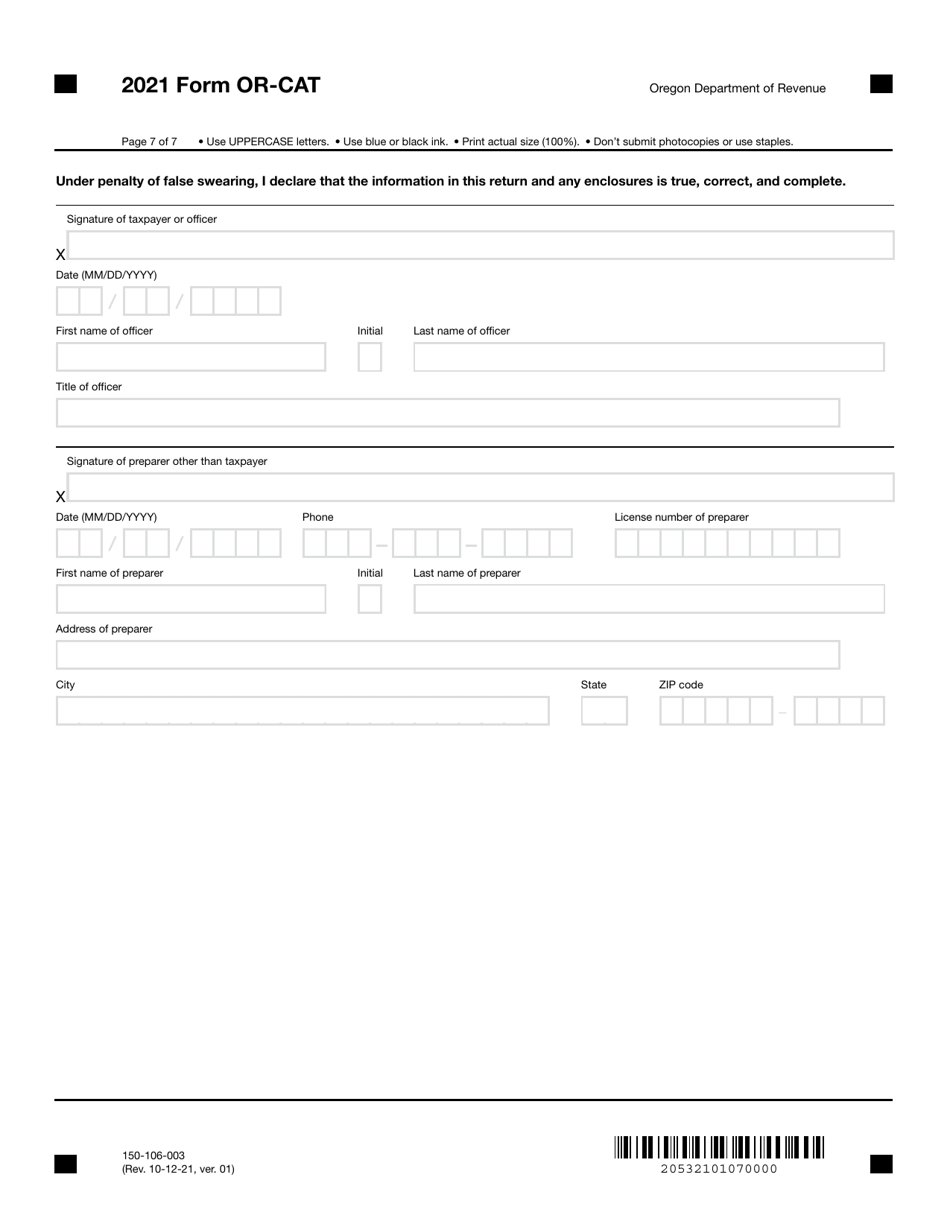 Form OR-CAT (105-106-003) Oregon Corporate Activity Tax Return - Oregon, Page 7