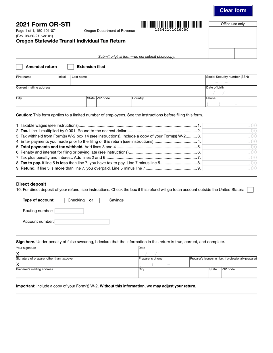 Form OR-STI (150-101-071) Oregon Statewide Transit Individual Tax Return - Oregon, Page 1