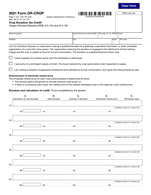 Form OR-CROP (150-101-240) 2021 Printable Pdf
