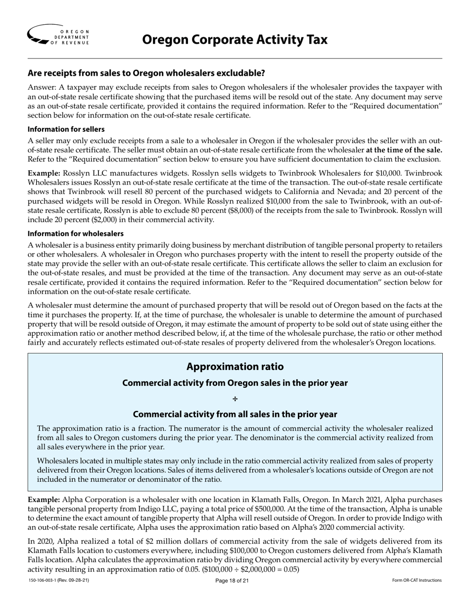 Instructions for Form OR-CAT, 150-106-003 Oregon Corporate Activity Tax Return - Oregon, Page 18