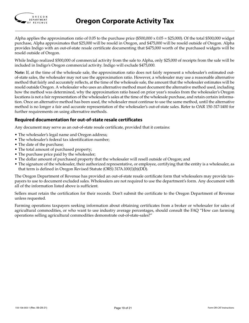 Instructions for Form OR-CAT, 150-106-003 Oregon Corporate Activity Tax Return - Oregon, Page 19