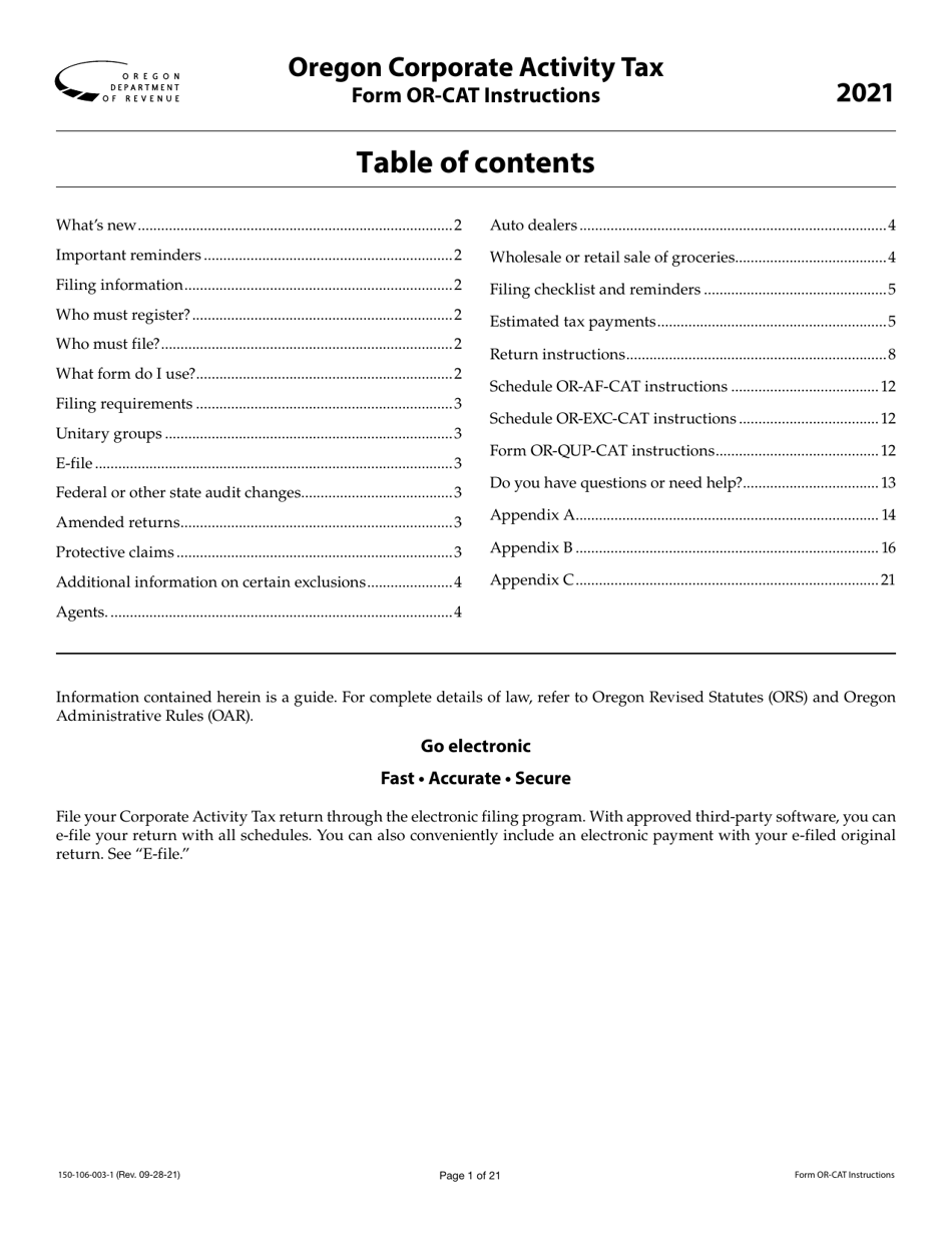 Instructions for Form OR-CAT, 150-106-003 Oregon Corporate Activity Tax Return - Oregon, Page 1