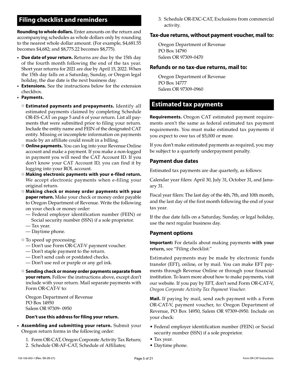Instructions for Form OR-CAT, 150-106-003 Oregon Corporate Activity Tax Return - Oregon, Page 5