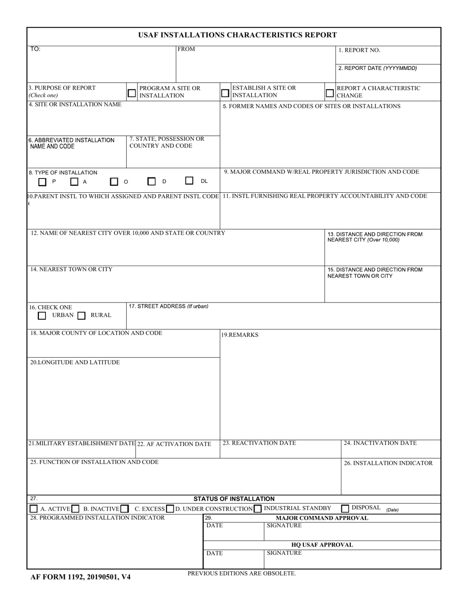 AF Form 1192 USAF Installations Characteristics Report, Page 1