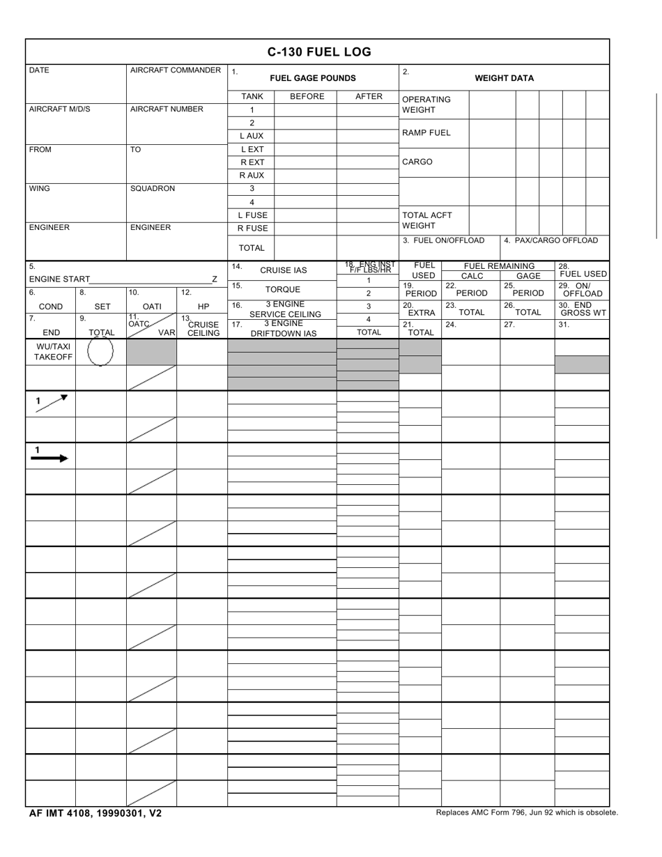 AF IMT Form 4108 C-130 Fuel Log, Page 1
