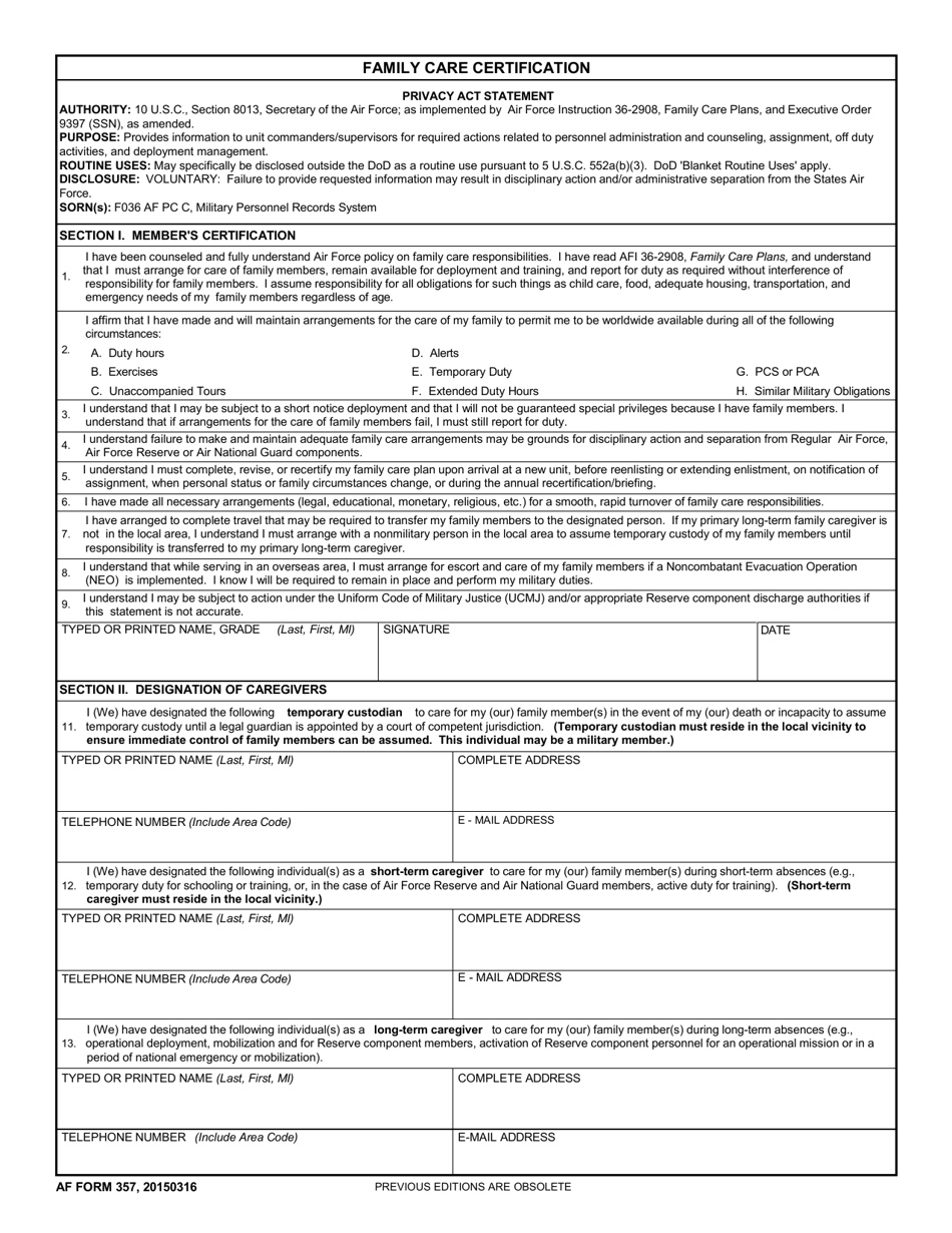 AF Form 357 Family Care Certification, Page 1