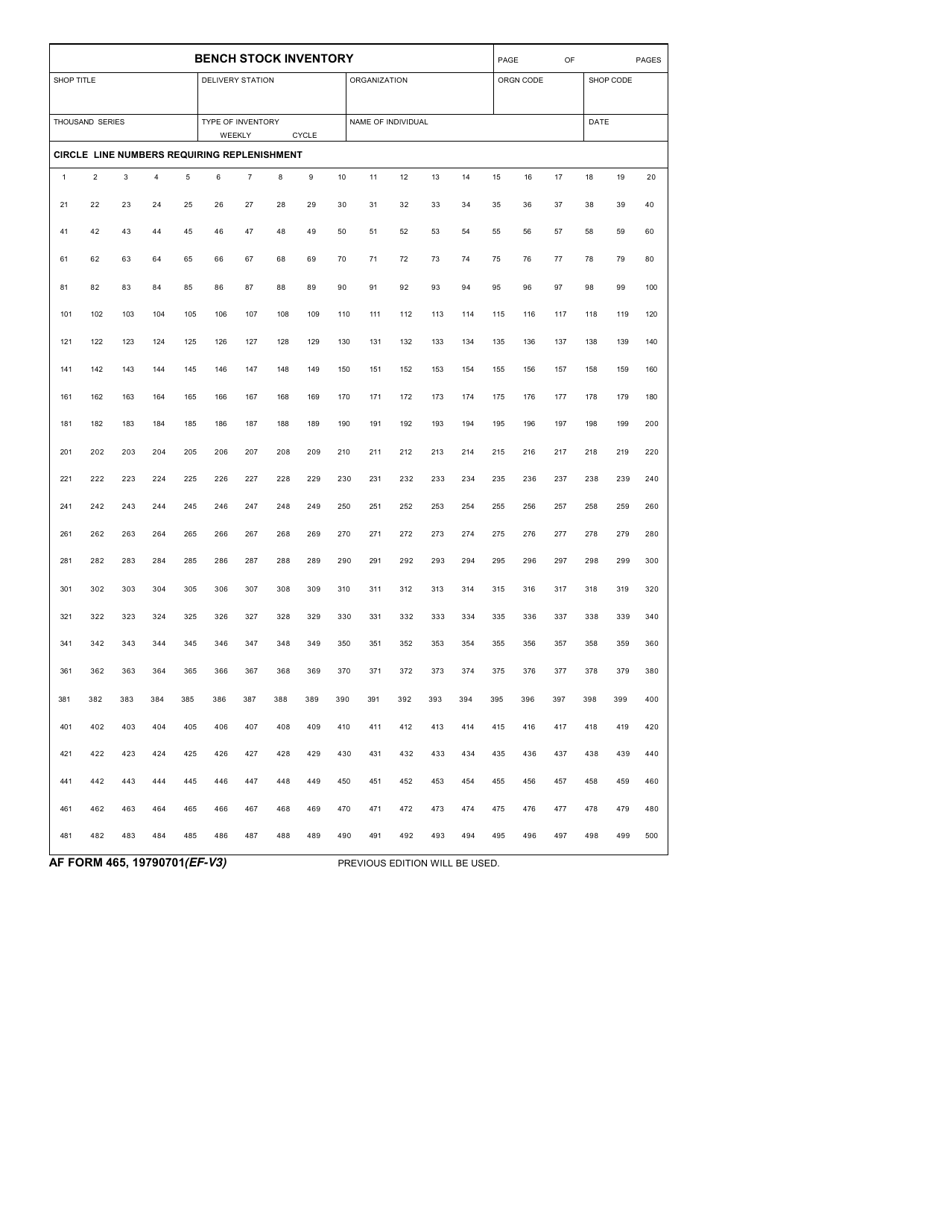 AF Form 465 Bench Stock Inventory, Page 1