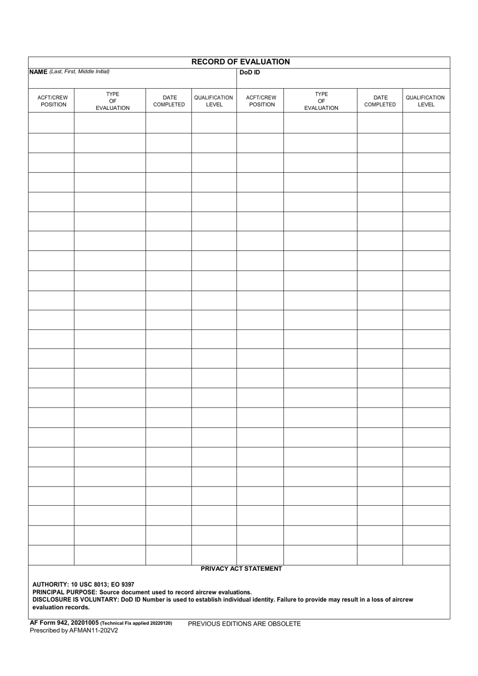 AF Form 942 Download Fillable PDF or Fill Online Record of Evaluation ...