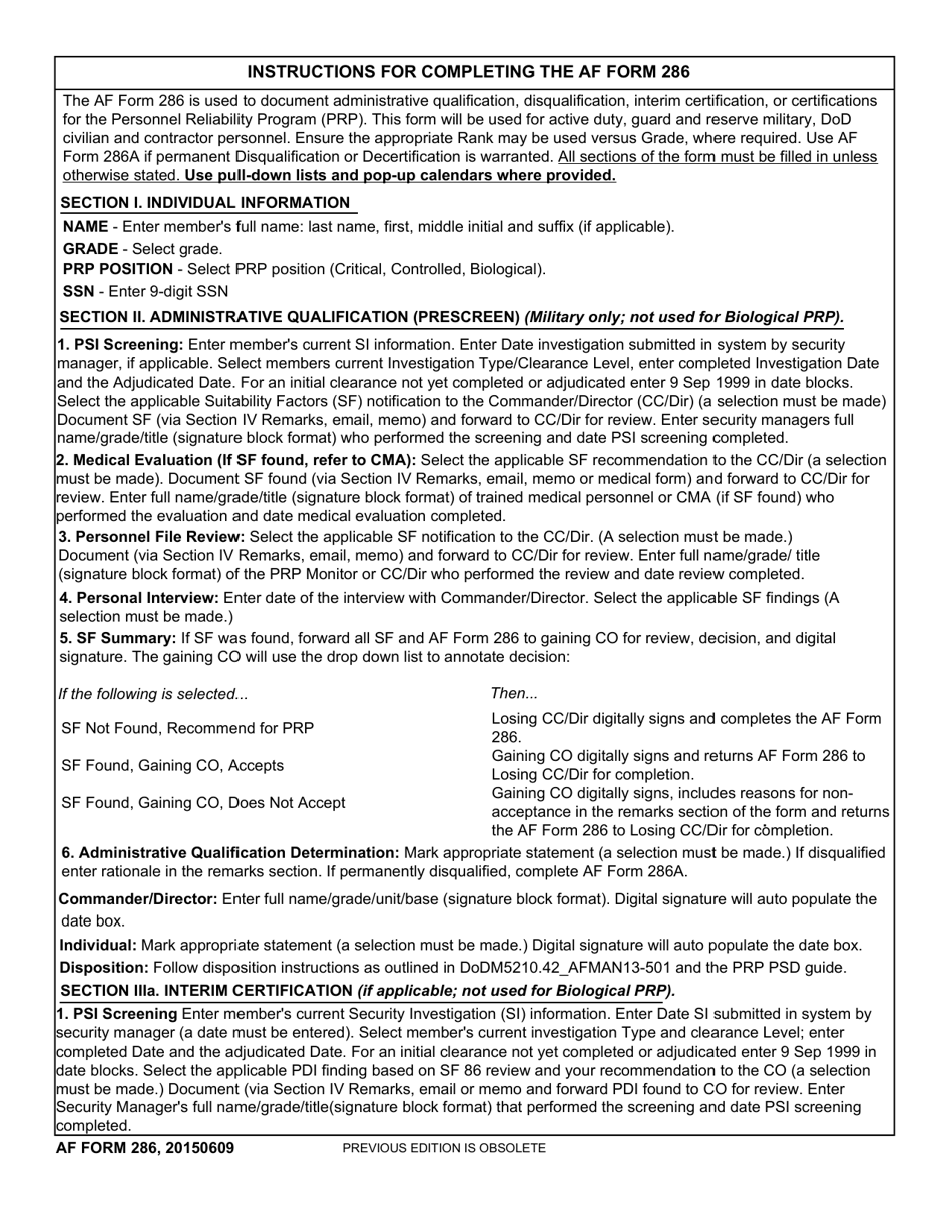 AF Form 286 Personnel Reliability Program (PRP) Qualification / Certification Action, Page 1