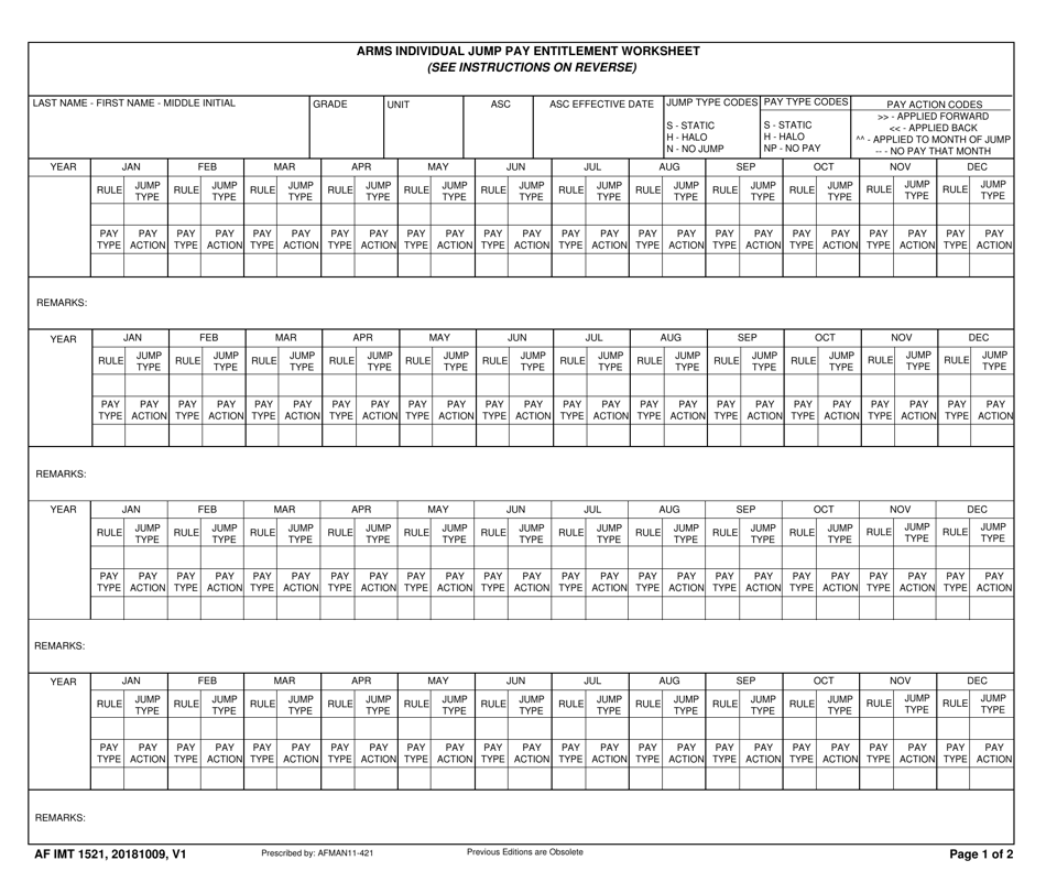 AF IMT Form 1521 Arms Individual Jump Pay Entitlement Worksheet, Page 1