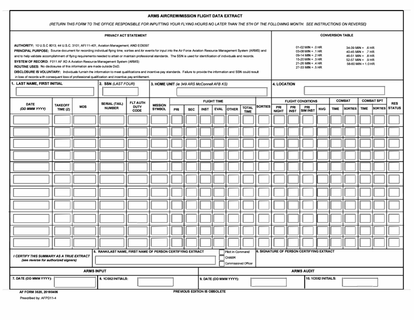 AF Form 3520 Arms Aircrew/Mission Flight Data Extract