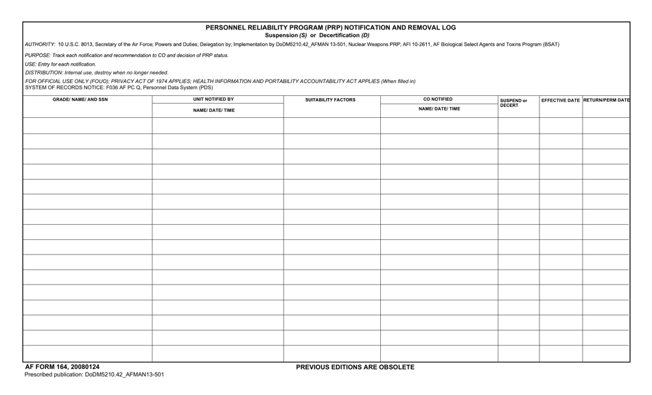 AF Form 164 Personnel Reliability Program (PRP) Notification and Removal Log, Page 1