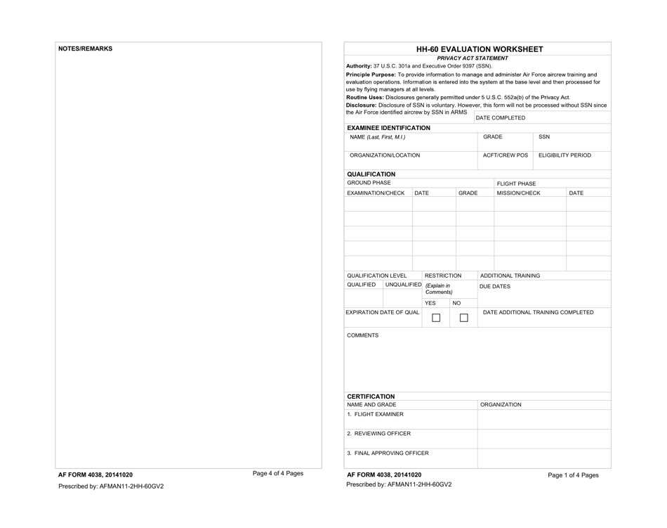 AF Form 4038 Hh-60 Evaluation Worksheet, Page 1