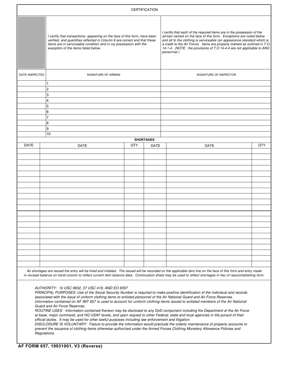 AF Form 657 Personal Clothing Record - Female Airmen, Page 2