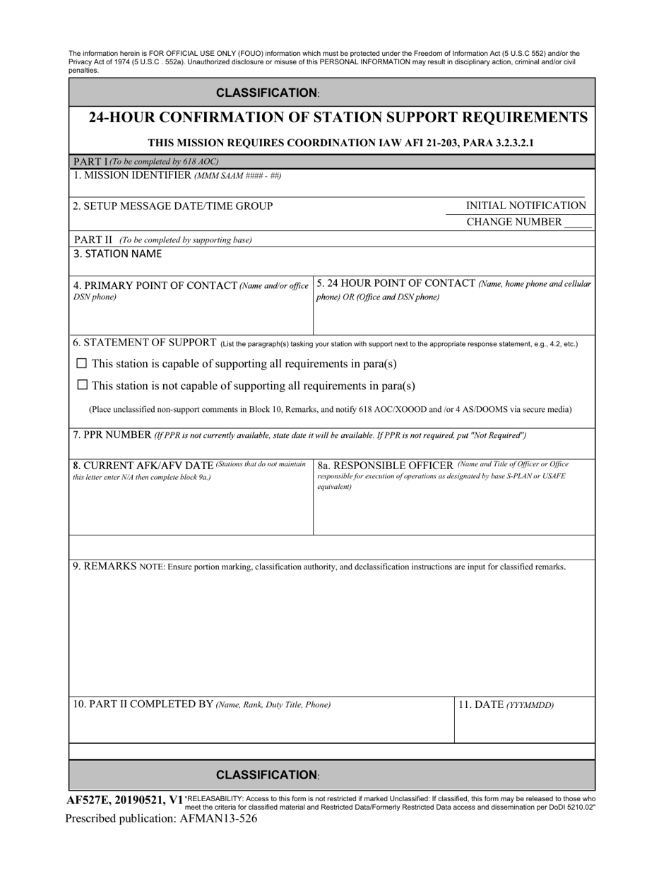 AF Form 527E 24-hour Confirmation of Station Support Requirements, Page 1