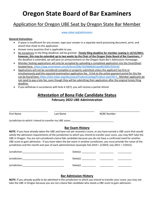 Application for Oregon Ube Seat by Oregon State Bar Member - Oregon Download Pdf