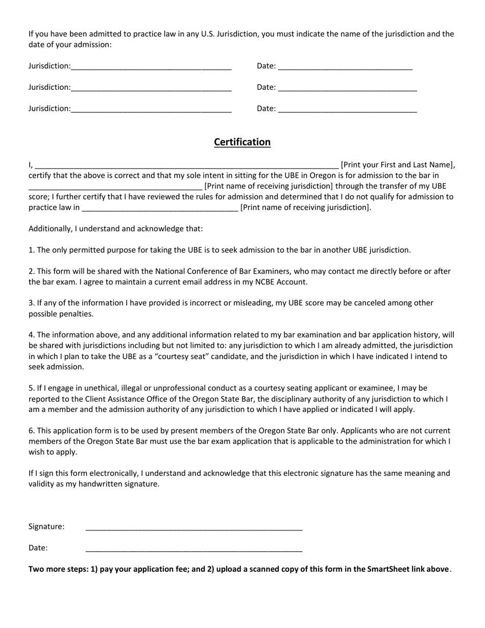 2022 Oregon Application For Oregon Ube Seat By Oregon State Bar Member 