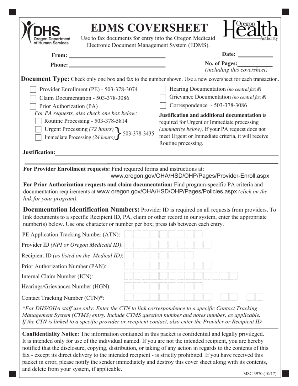 Form MSC3970 Edms Coversheet - Oregon, Page 1