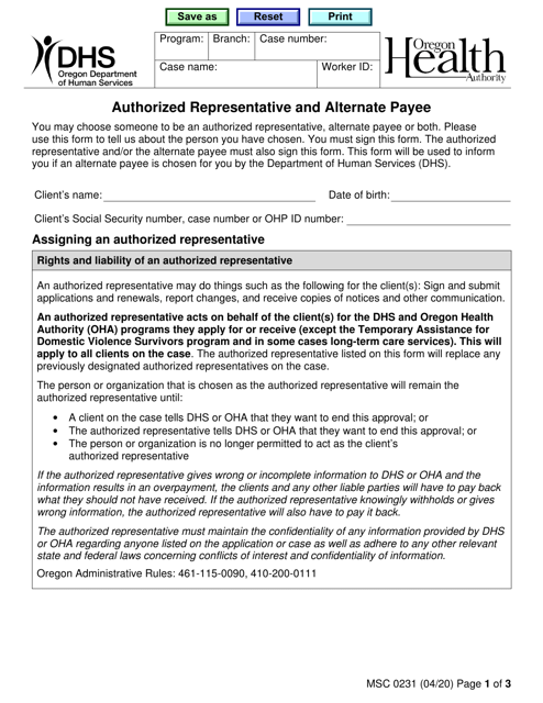 Form MSC0231 Authorized Representative and Alternate Payee - Oregon