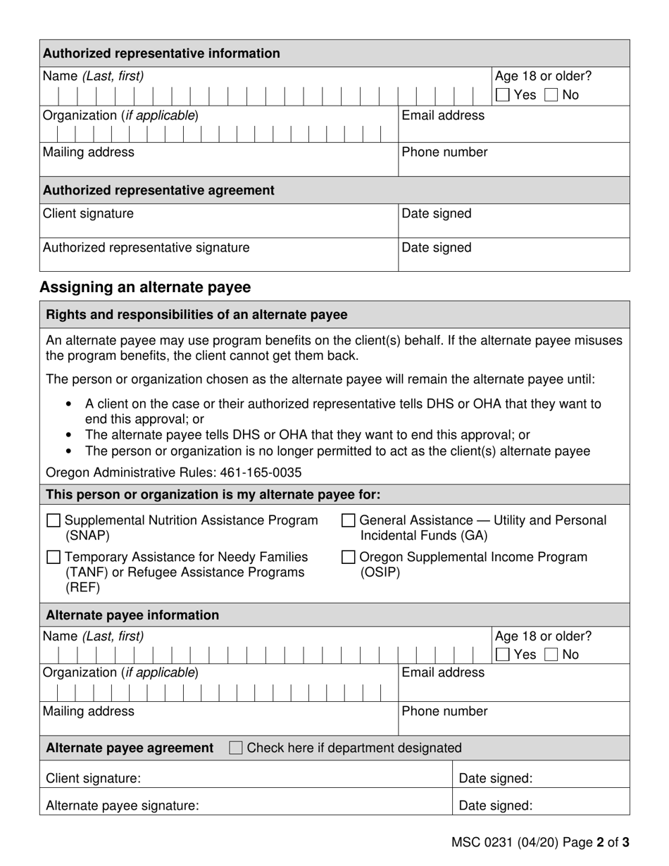 Form MSC0231 Authorized Representative and Alternate Payee - Oregon, Page 2