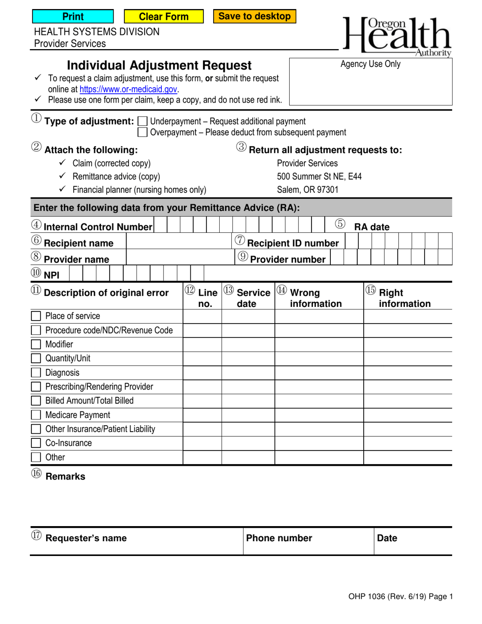 Form OHP1036 Individual Adjustment Request - Oregon, Page 1