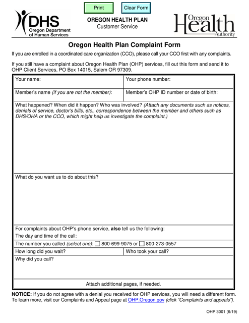 Form OHP3001 Oregon Health Plan Complaint Form - Oregon