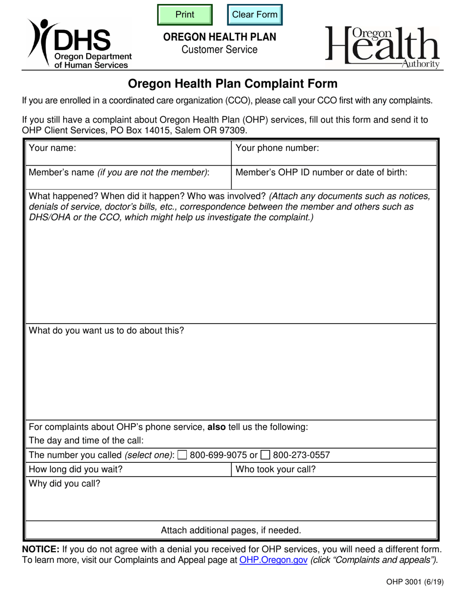 Form OHP3001 Oregon Health Plan Complaint Form - Oregon, Page 1