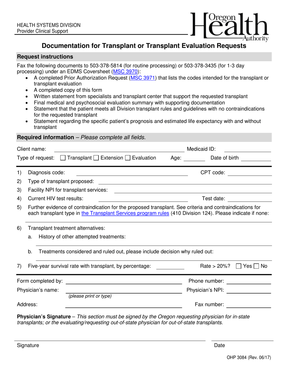 Form OHP3084 Documentation for Transplant or Transplant Evaluation Requests - Oregon, Page 1