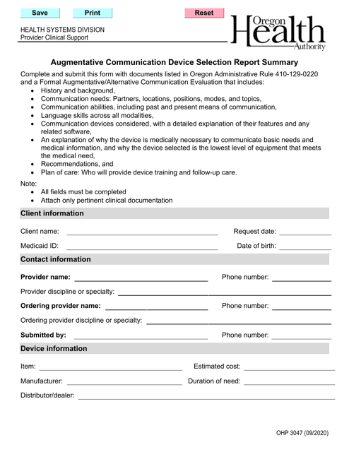 Form OHP3047 Augmentative Communication Device Selection Report Summary - Oregon