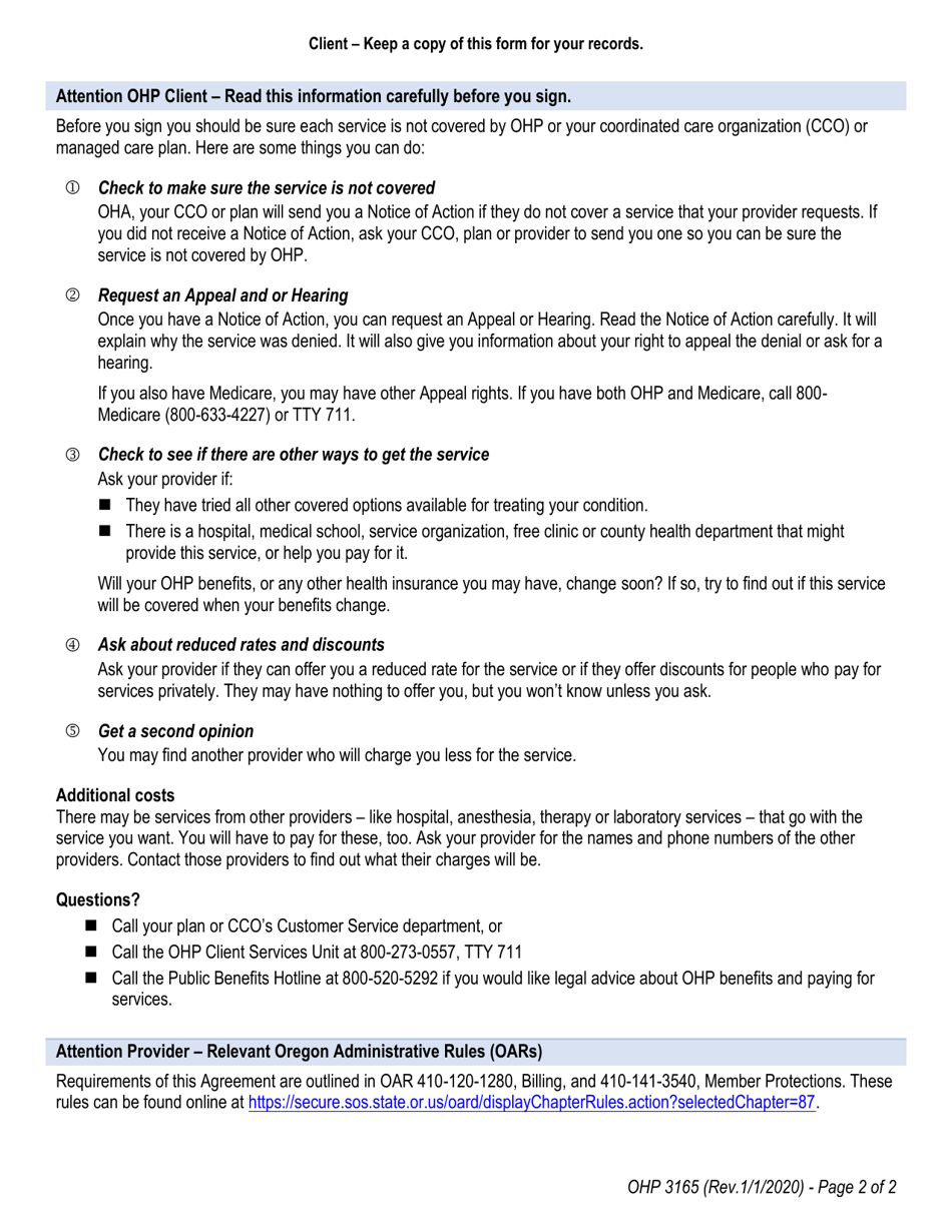 Form OHP3165 Ohp Client Agreement to Pay for Health Services - Oregon, Page 2