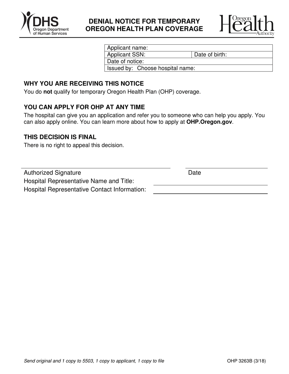 Form OHP3263B Denial Notice for Temporary Oregon Health Plan Coverage - Oregon, Page 1