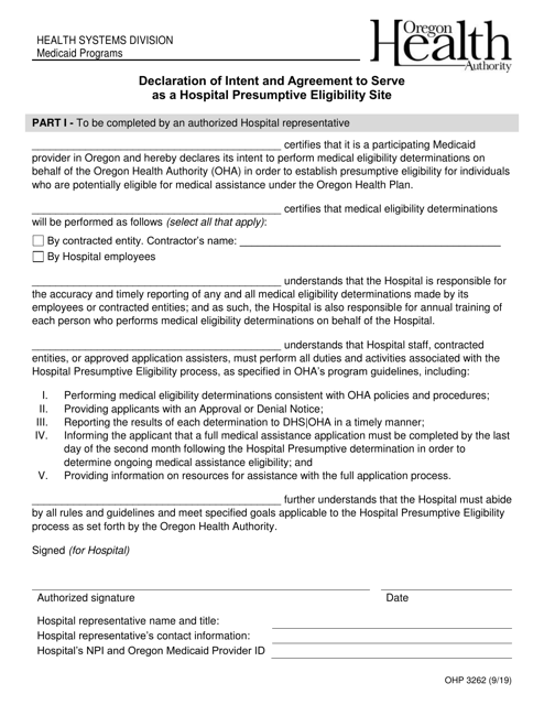 Form OHP3262 Declaration of Intent and Agreement to Serve as a Hospital Presumptive Eligibility Site - Oregon