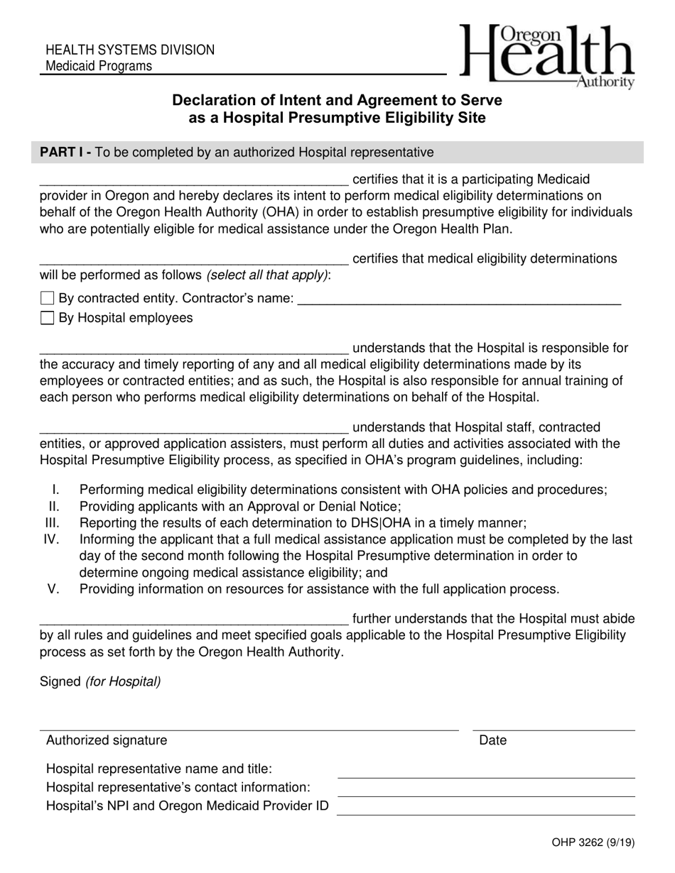 Form OHP3262 Declaration of Intent and Agreement to Serve as a Hospital Presumptive Eligibility Site - Oregon, Page 1