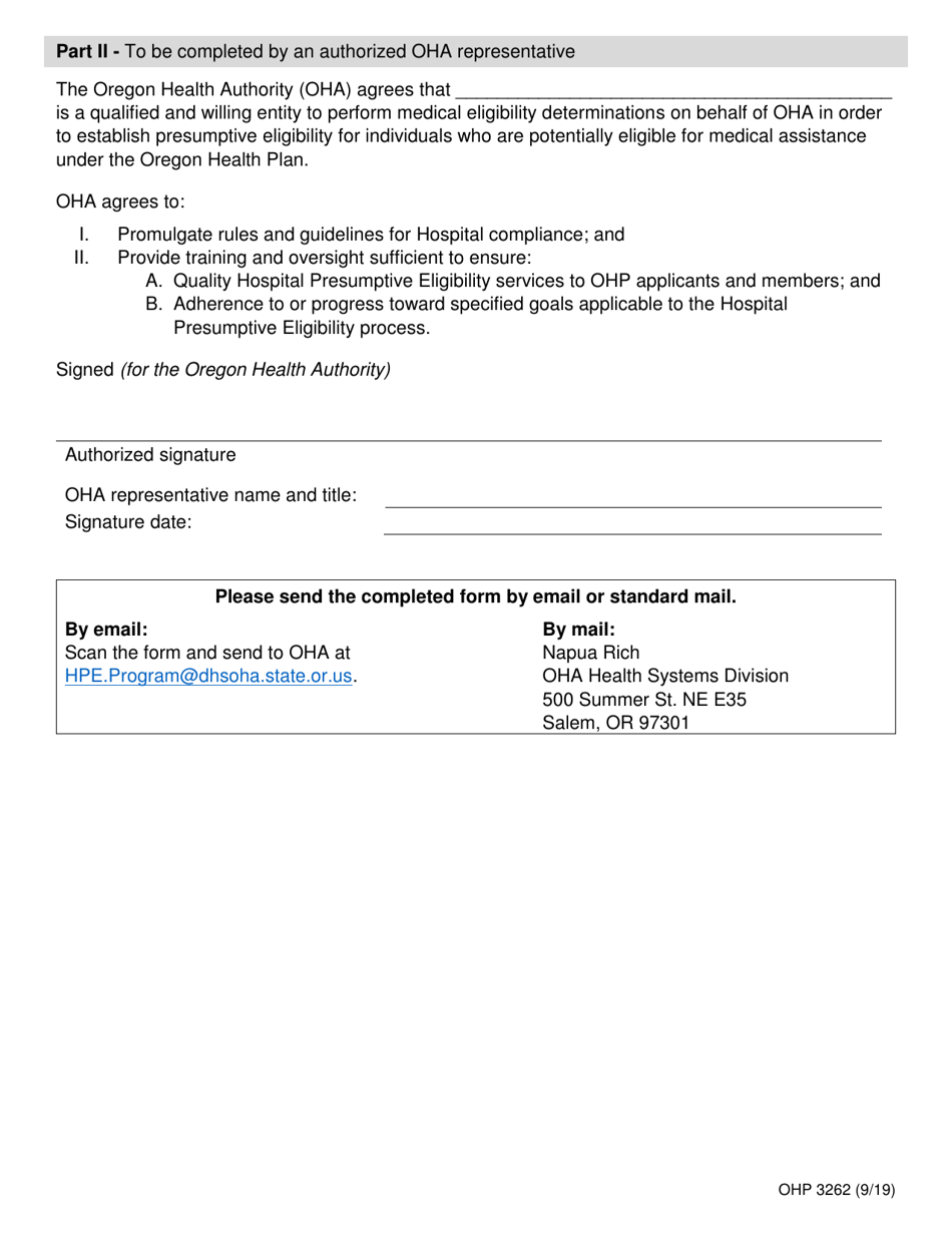 Form OHP3262 Declaration of Intent and Agreement to Serve as a Hospital Presumptive Eligibility Site - Oregon, Page 2