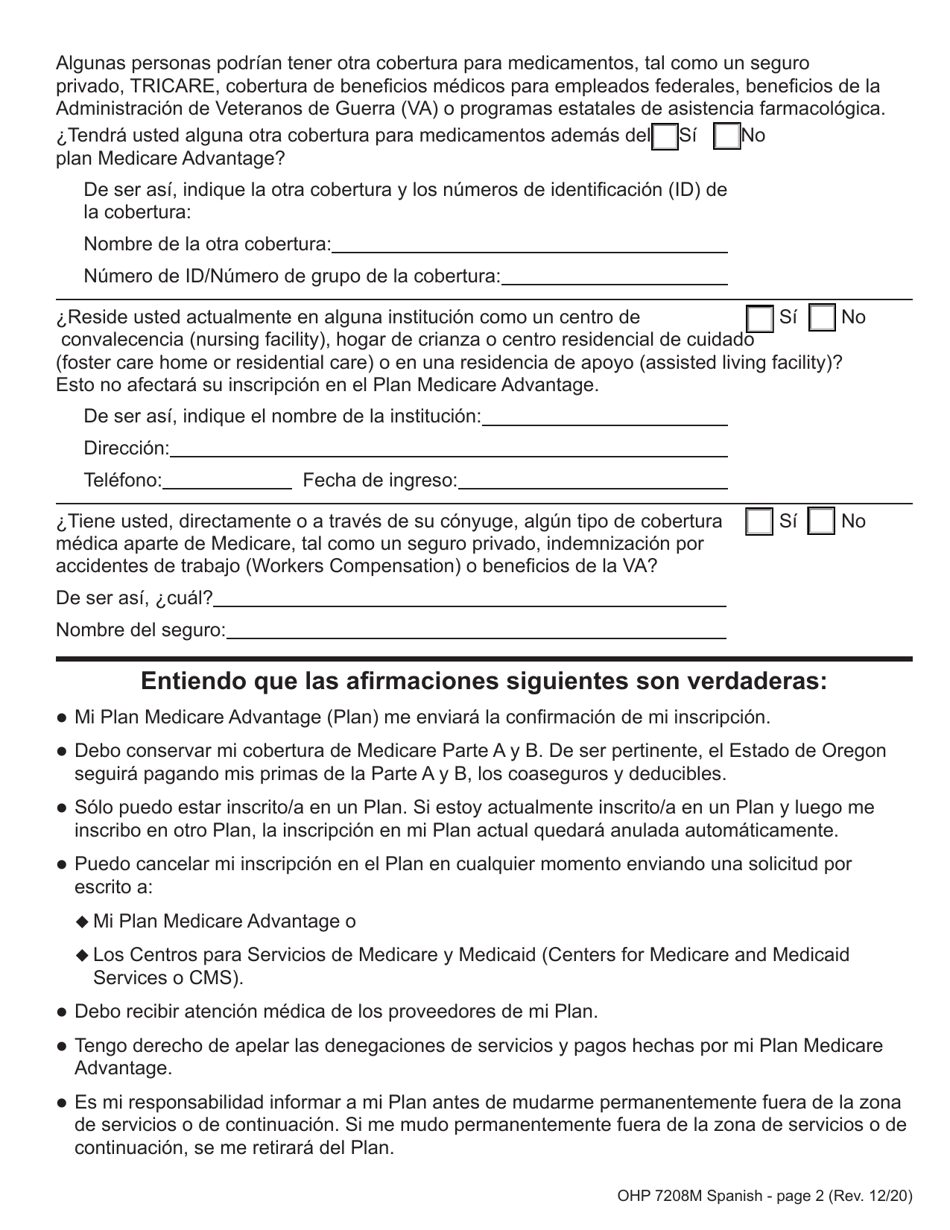 Formulario OHP7208M Eleccion De Plan Medicare Advantage - Oregon (Spanish), Page 2